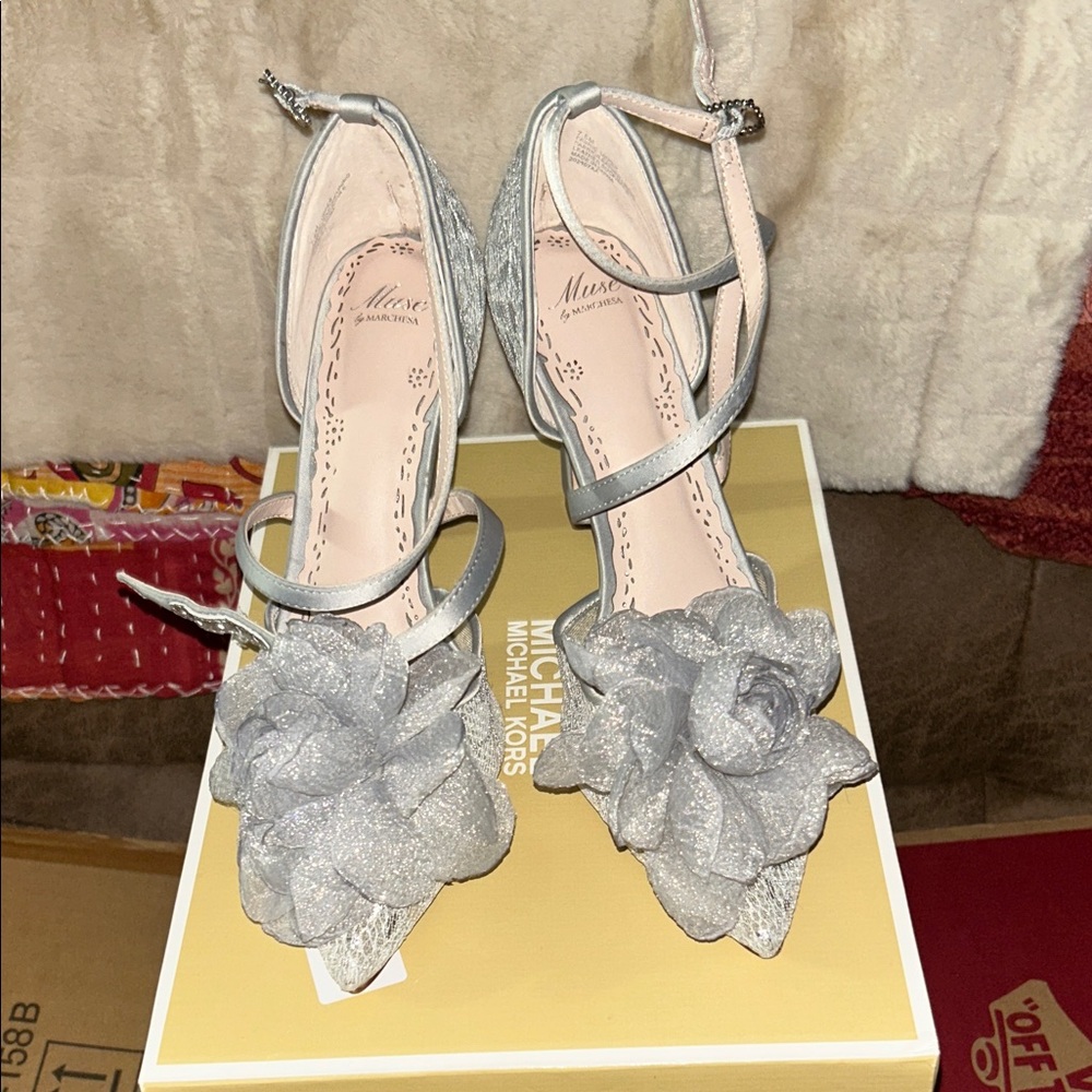 Muse Silver Heels with Glitter Floral Accent